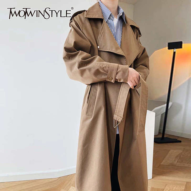 

TWOTWINSTYLE Patchwork Girdle Trench Coats For Female Lapel Collar Long Sleeve High Waist Lace Up Bowknot Slimming Women's Coat