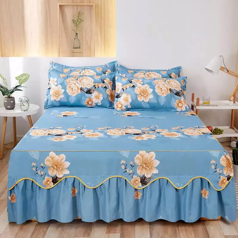 

3pcs Pleated Lotus Leaf Lace Princess Bedding Set Elastic Band Non-slip Bed Cover Bed Skirt Free Pillowcase Home Decoration