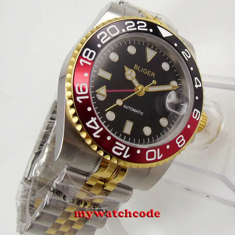 40 мм Bliger черный стерильный циферблат сапфировый Кристалл GMT Автоматические ss