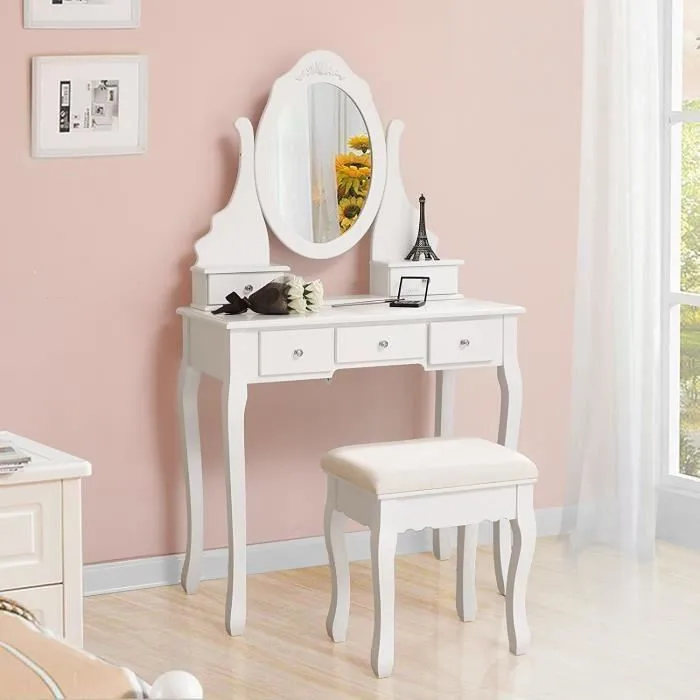 

Dressing Table With Stool Five Drawer Large-capacity Storage Table Dressing Table With Comfortable Stool And Rotatable Mirror