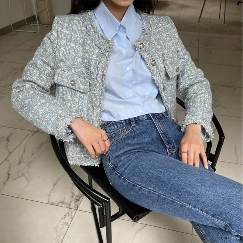 

2021 Autumn Winter Tweed Coat Women Long Sleeve Single Breasted Korean Style Minimalist Ladies Jackets Elegant Vestidos