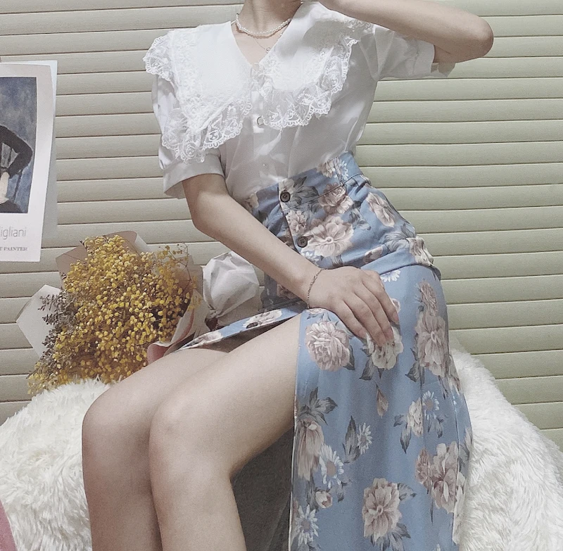 Женский винтажный комплект юбка с завышенной талией и цветочным принтом большим