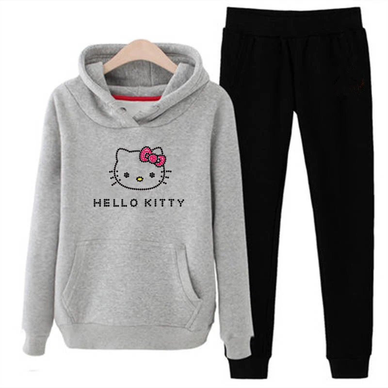 T11 3xl плюс размер hello-kitty зимние женские 2 шт с длинным рукавом флисовые толстовки с капюшоном комплект пуловер костюм спортивные костюмы одежда