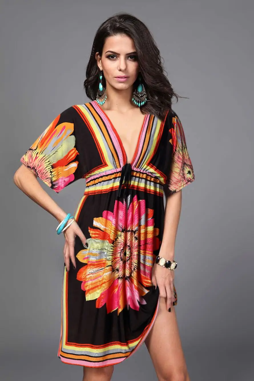 

pyjamas women L Sexy QMilch Printing Medium-Length Dress Beach One-Piece Dress