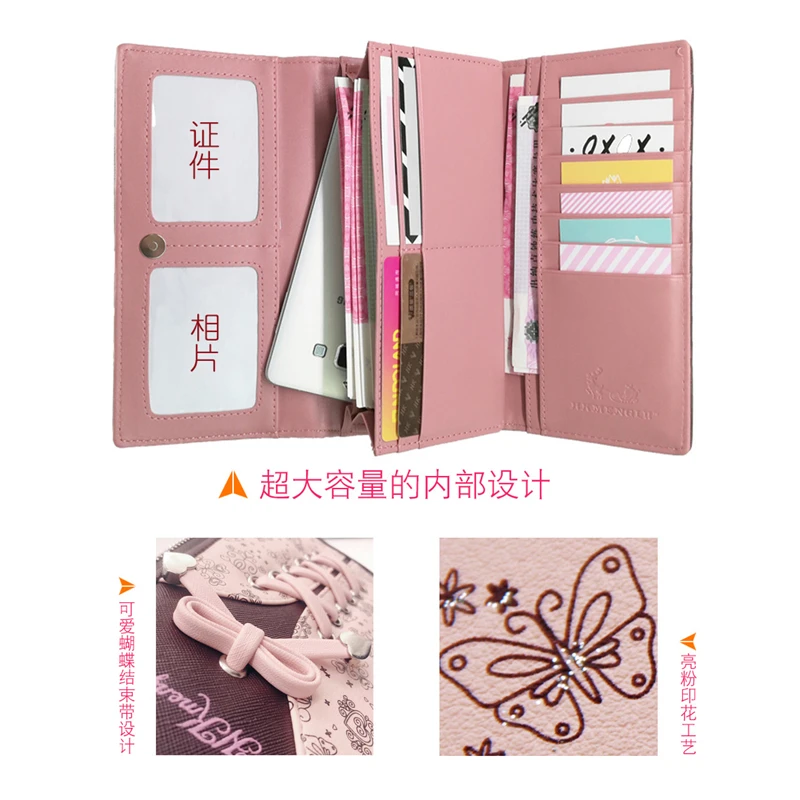 

New Ladies' Bowknot Cute Personality Hand Pu Long Mobile Phone Purses And Handbags