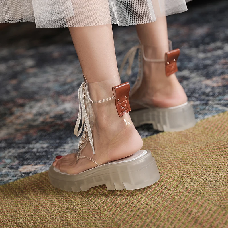 Harga Sandal Jelly PVC Transparan Ujung Jari Terbuka Seksi 2021 Sepatu Gladiator Hak Tinggi Bertali Modis Wanita Sepatu Bot Sandalias Platform Wanita