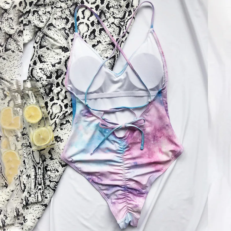 

Women's High Cut One Piece Swimwear Tie-dyed Cow Printing Swimsuit Beach Bathers Wear