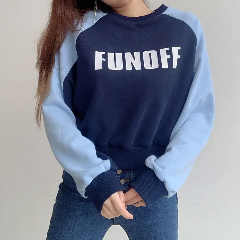 

Woman Patchwork Sweatshirts O-Neck FUN OFF Letters Print Pullover Tops Autumn Ladies Blue Color Fashion Street Wear