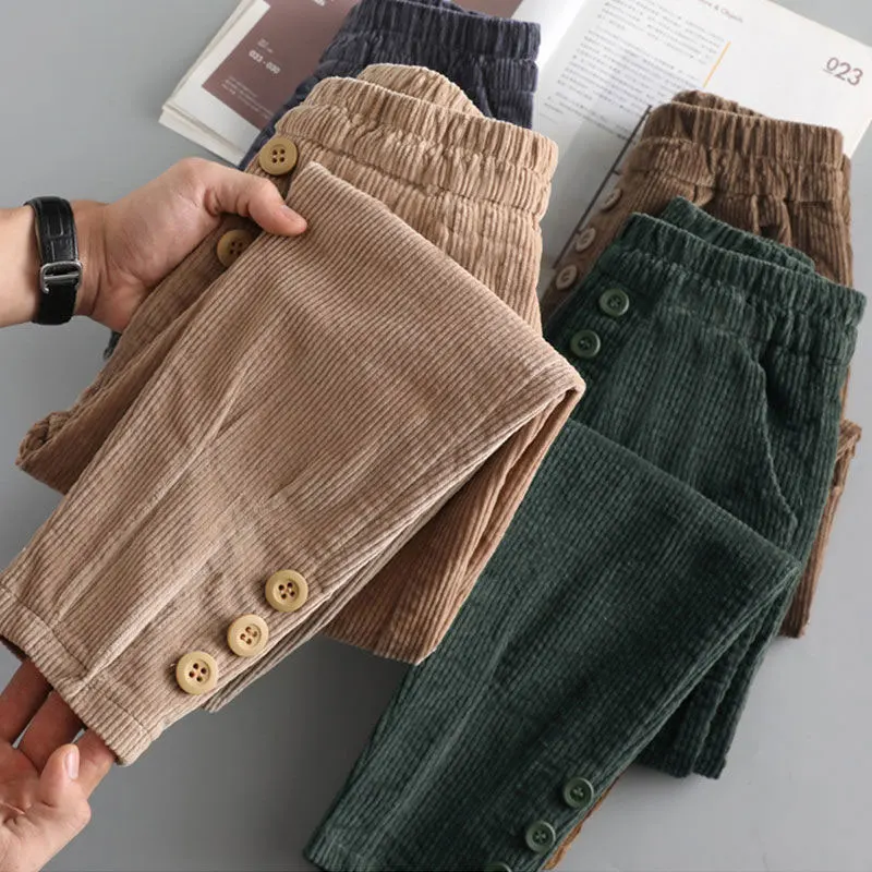 

2021 Spring Autumn New Fashion Women Elastic Waist Loose Pants All-matched Casual Solid Corduroy Harem Pants Plus Size V567