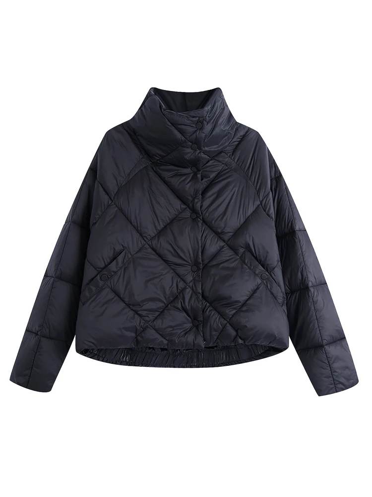 Women 2021 fashion front pockets snap-button jacket parkas coat vintage high neck long sleeve female outerwear chic tops