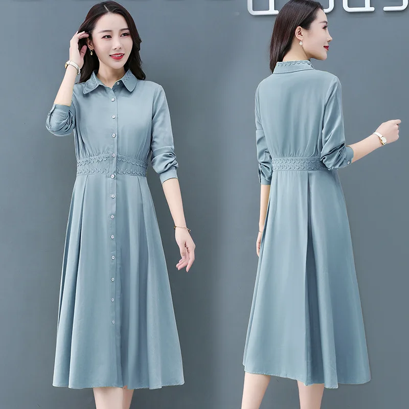 Женское платье с длинным рукавом Кружевное платье-рубашка средней длины