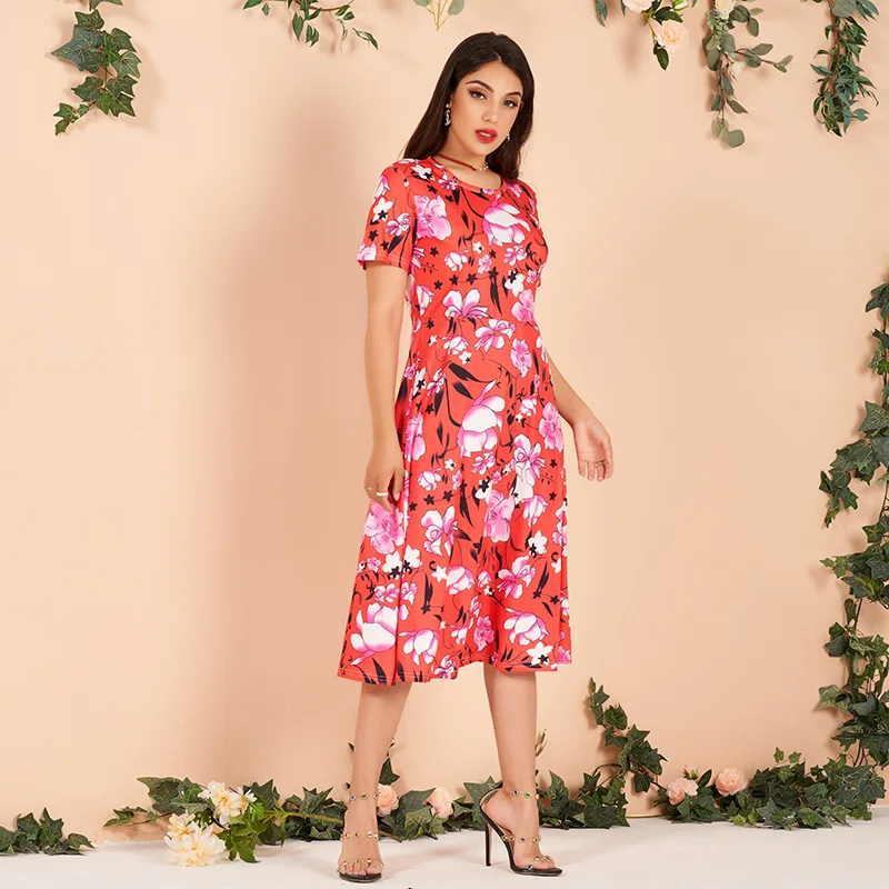 

Dresses Woman Summer 2022 Green Casual Slim Floral Plant Print Short Sleeve Round Neck Elegant Sweet Holiday A-line Dress