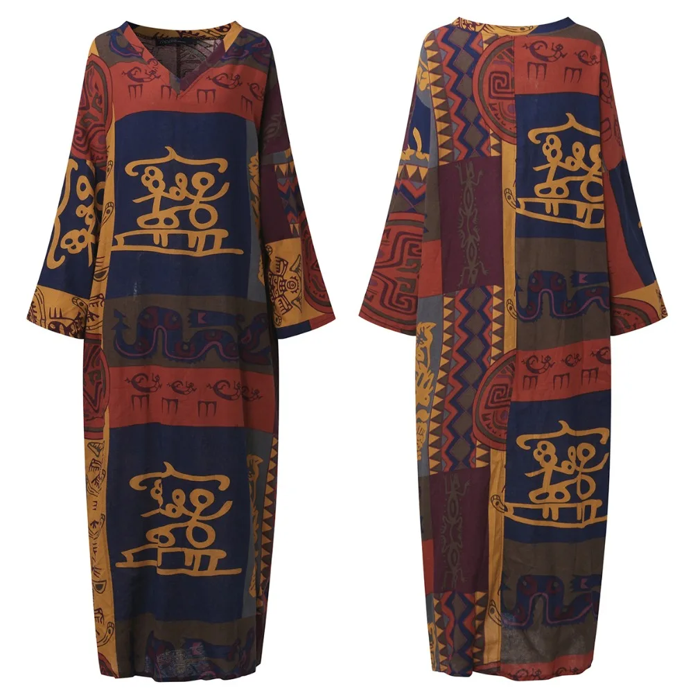 ZANZEA женское летнее хлопковое льняное платье с коротким рукавом Vestido Robe Kaftan Femme Винтаж V образным вырезом цветочный принт праздничный сарафан 5XL