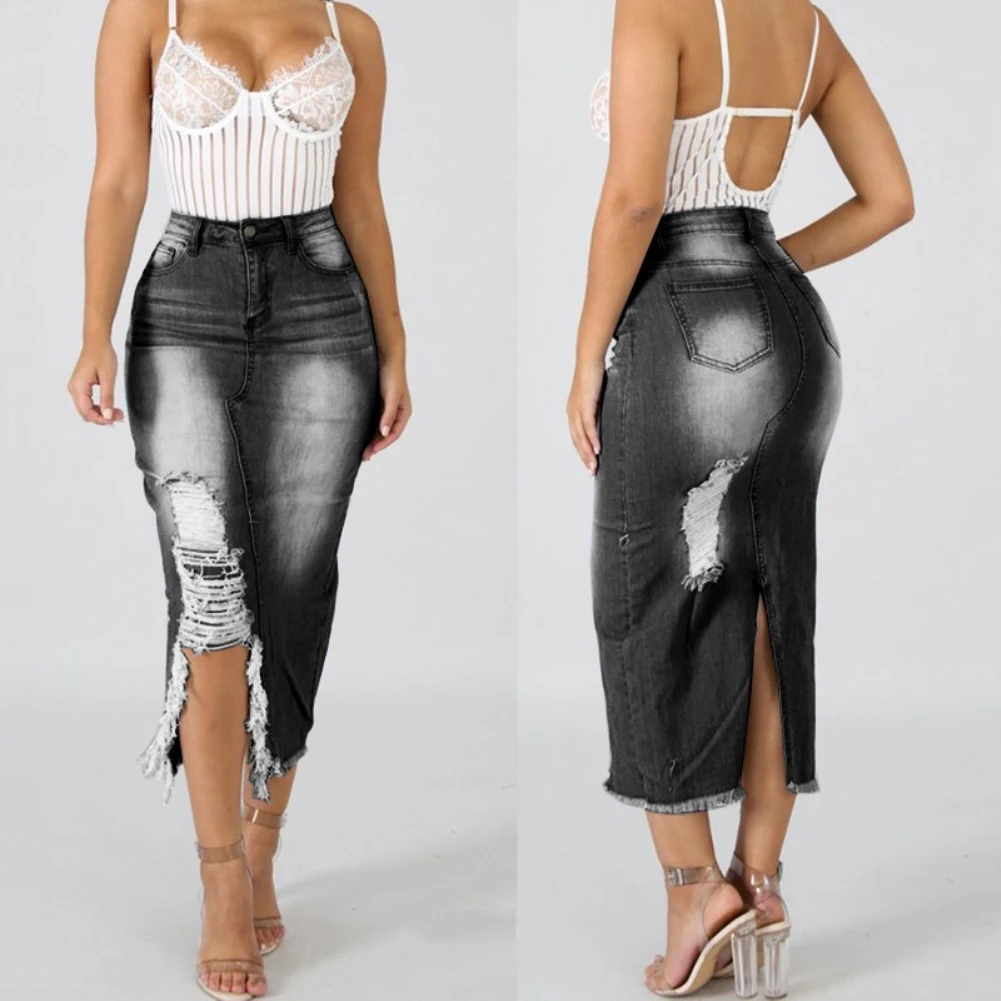 

Europe and America Sexy Hole Denim Skirts Women High Waist Washed Jean Skirt Ladies Casual Bandage Split Plus Size Skirt