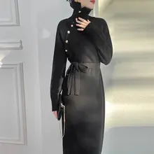 Autumn Winter Knitted Bottomed Dress High Sense Women's Temperament Medium Long Turtle Neck Sweater Skirt (2)