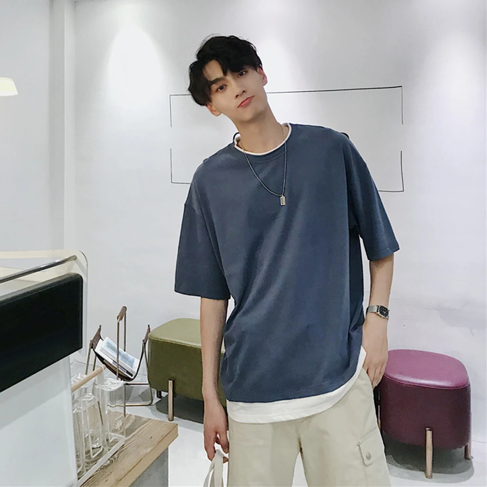 Solid Color Men Short Sleeve Round Neck Loose Patchwork Blouse T-shirt Tee Top Skin-friendly For Male Tshirt | Мужская одежда