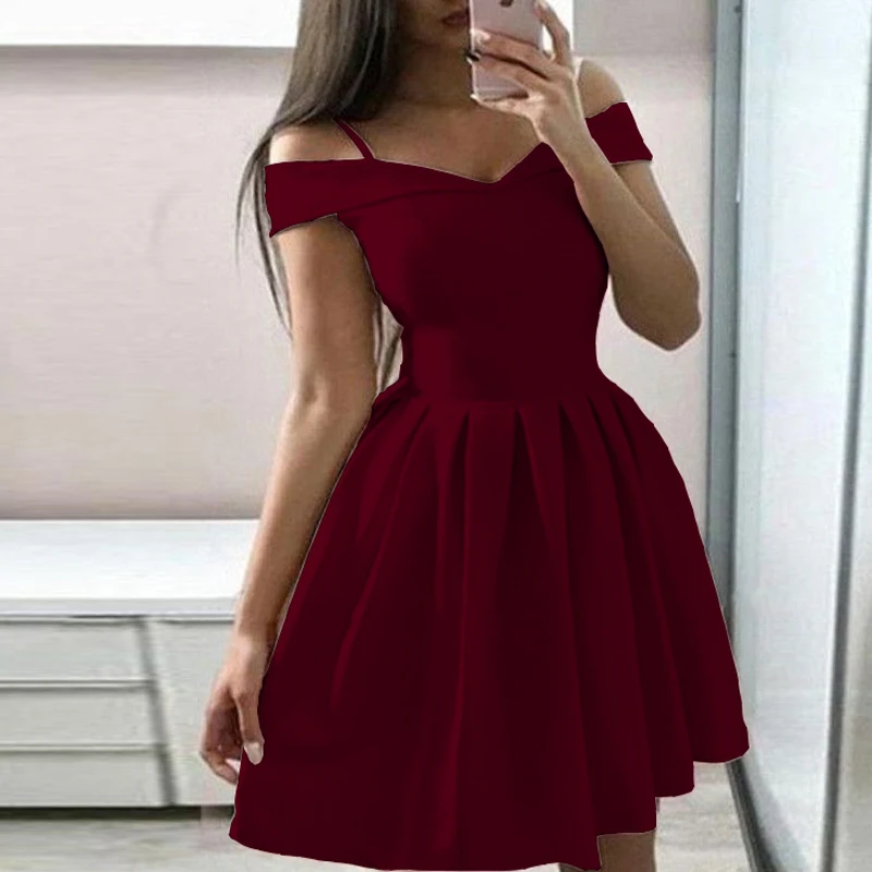 

Fashion Women Sexy Off Shoulder Mini Dress Casual Spring Slash Neck Strap Princess Dress 2021 Summer Backless Lady Party Dresses