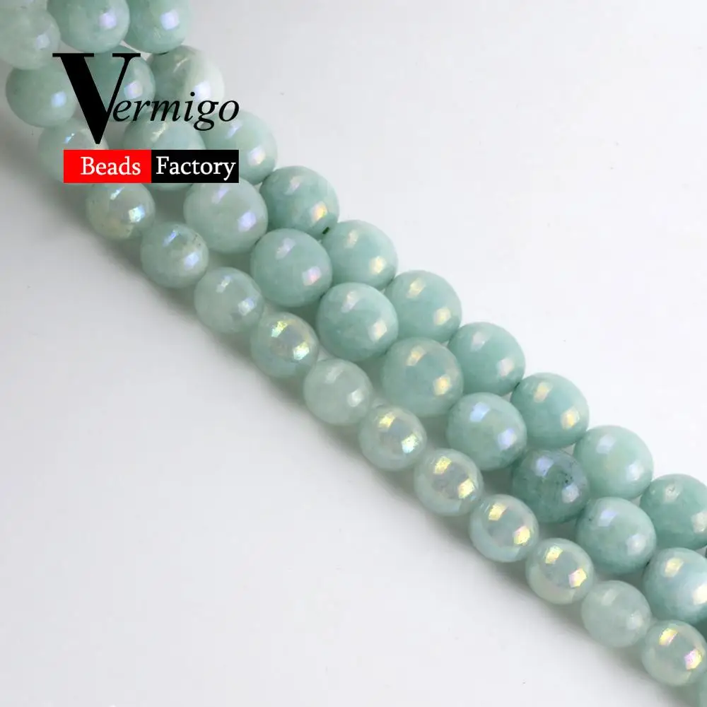 Natural Light Green Jades Plating AB Gem Baeds For Jewelry Making 4 6 8 10mm Round Beads DIY Necklaces Bracelets Accessories 15" |