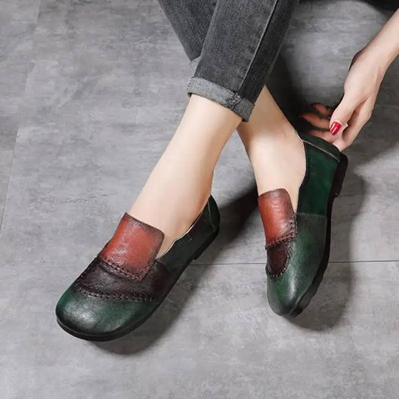 

Soft Retro Mixed Colors Flats Genuine Leather Women Shoes 2022 New Autumn Round Toe Shallow Concise Handmade Retro Ladies Shoes