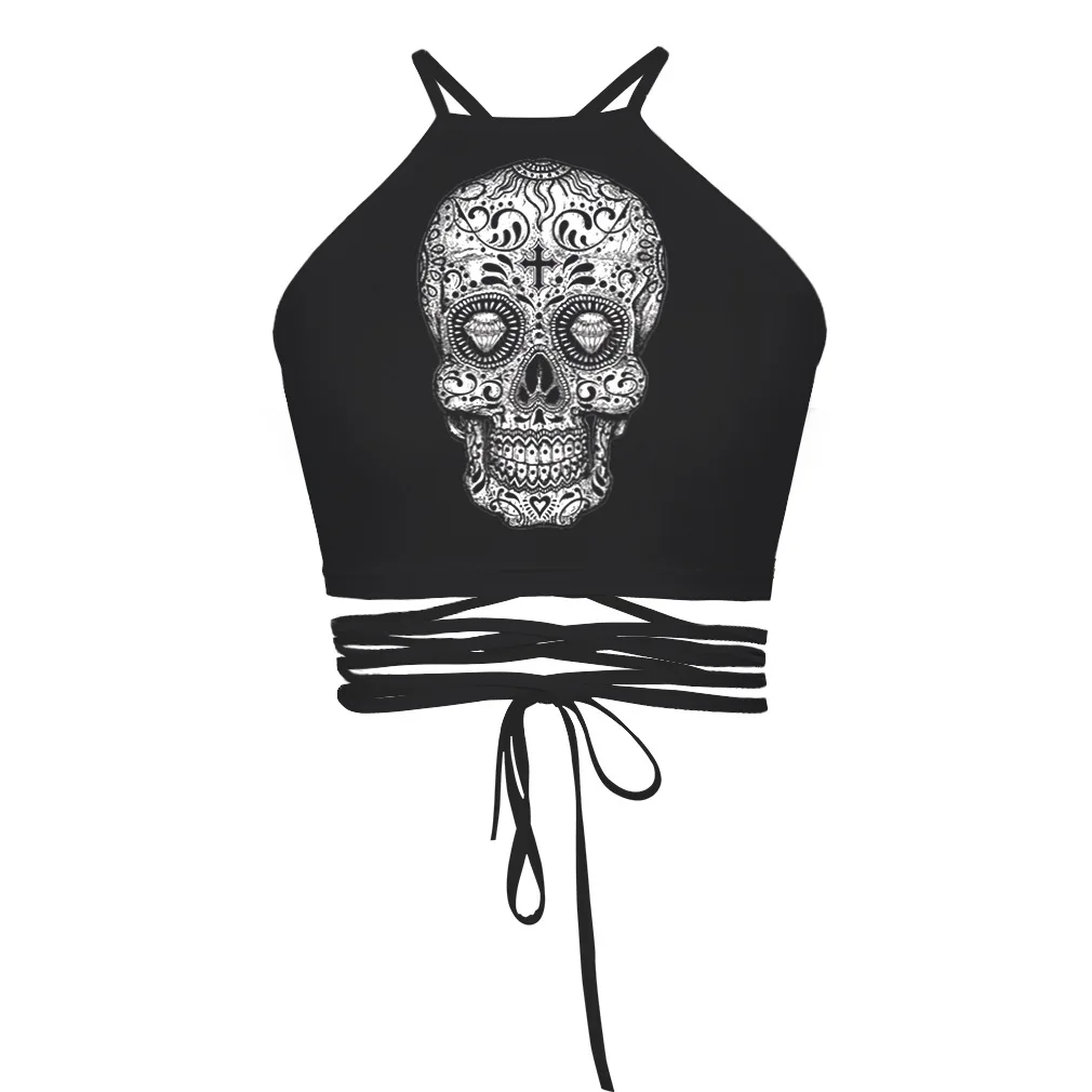 Кроп-Топ женский с принтом головы черепа ажурный топ лямкой на шее пикантная