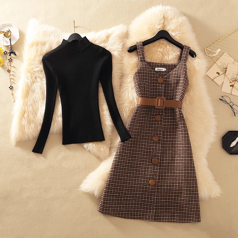 

Streetwear Two Piece Dress Women Autumn Winter Sweater Knee-Length wool Dresses With belt plus size Elegant party Dress