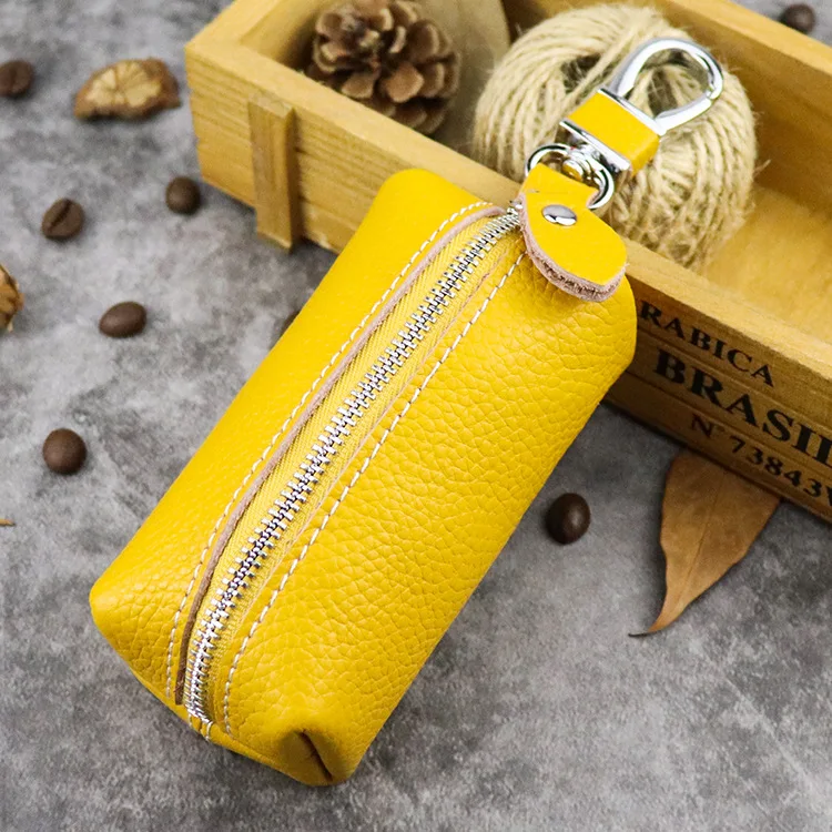 Цвет: желтый Genuine Leather Car Key Protection Case Men Keychain Coin Purse Casual Housekeeper Holders Zipper Key Covers Wallet Unisex - Цвет: Цвет: желтый