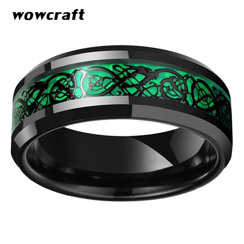 Мужские черные вольфрамовые Свадебные кольца с драконом зеленые из углеродного