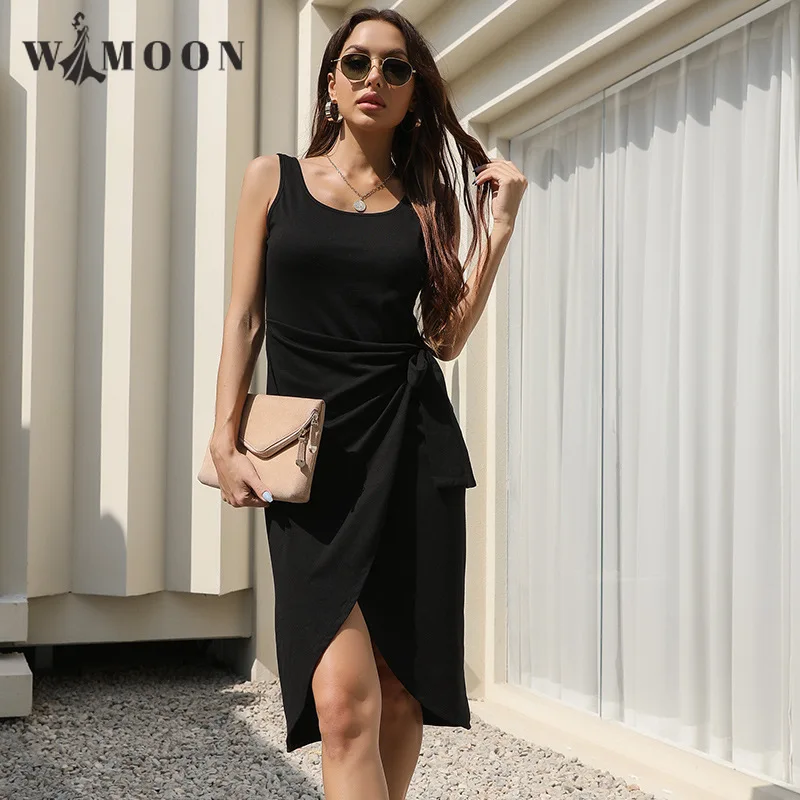 

2021 Summer New Solid Color Strap Hem Irregular Suspender Sexy & Club Asymmetrical Belt Knee-Length Fashion Tank Dress for Women