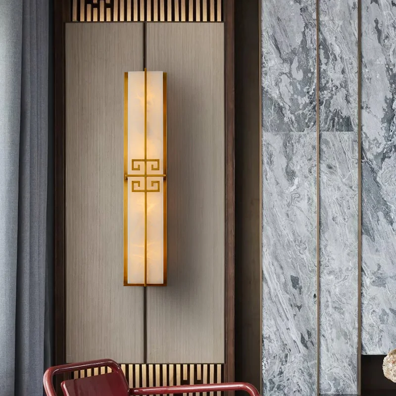 

New Chinese style living room background wall marble long wall lamp simple designer bedside copper wall lamp