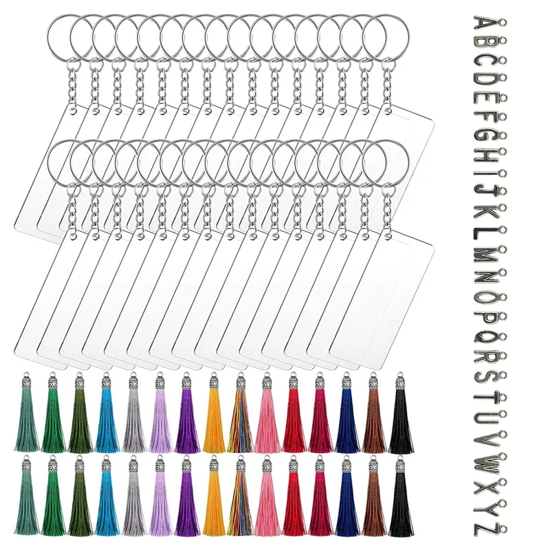 146Pcs Acrylic Keychain Blank Set Include 30 Keychains 30 Jump Rings 30 Tassels 26 Letters Charms for DIY Crafts