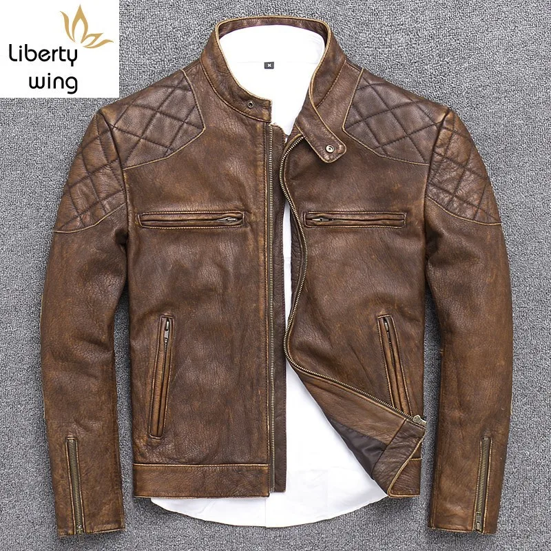Дизайнерская мотоциклетная куртка из воловьей кожи Мужская винтажная короткая с