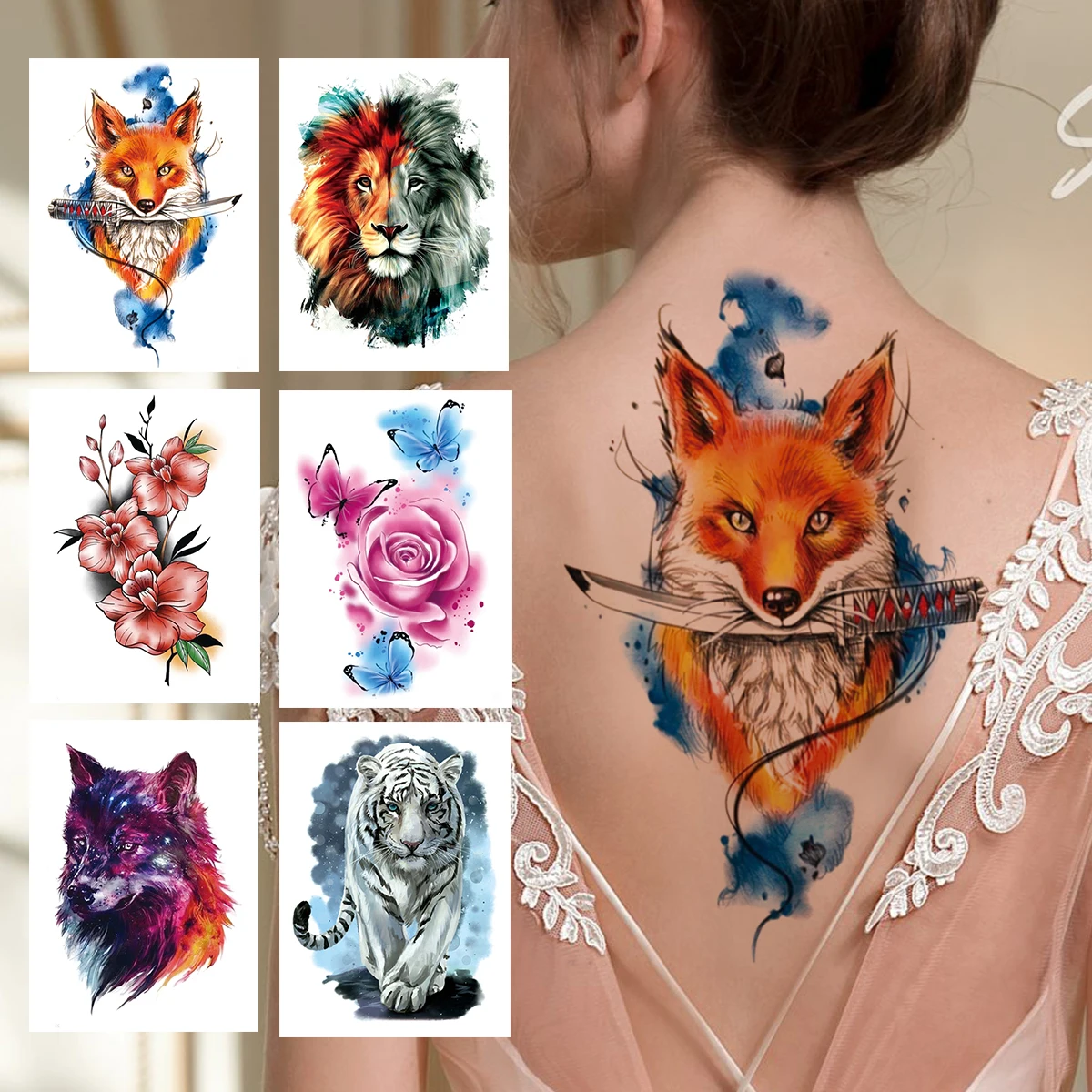 

Clever Fox Lion Temporary Tattoos For Women Men Adult Water Colour 3D Flower Tattoo Sticker Wolf Fake Tiger Back Tatoos Decor