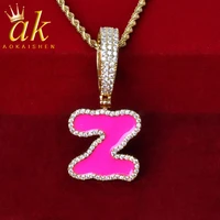 initial solid back pink oil bubble letters pendant necklaces for women gold color cubic zircon hip hop rock street jewelry
