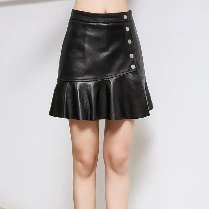 

Wrap Sexy Ladies Skirt High Waist Buttons Ruffles Mini Skirts Women Slim Fit Fashion CasualSheepskin Genuine Leather Skirt 3XL