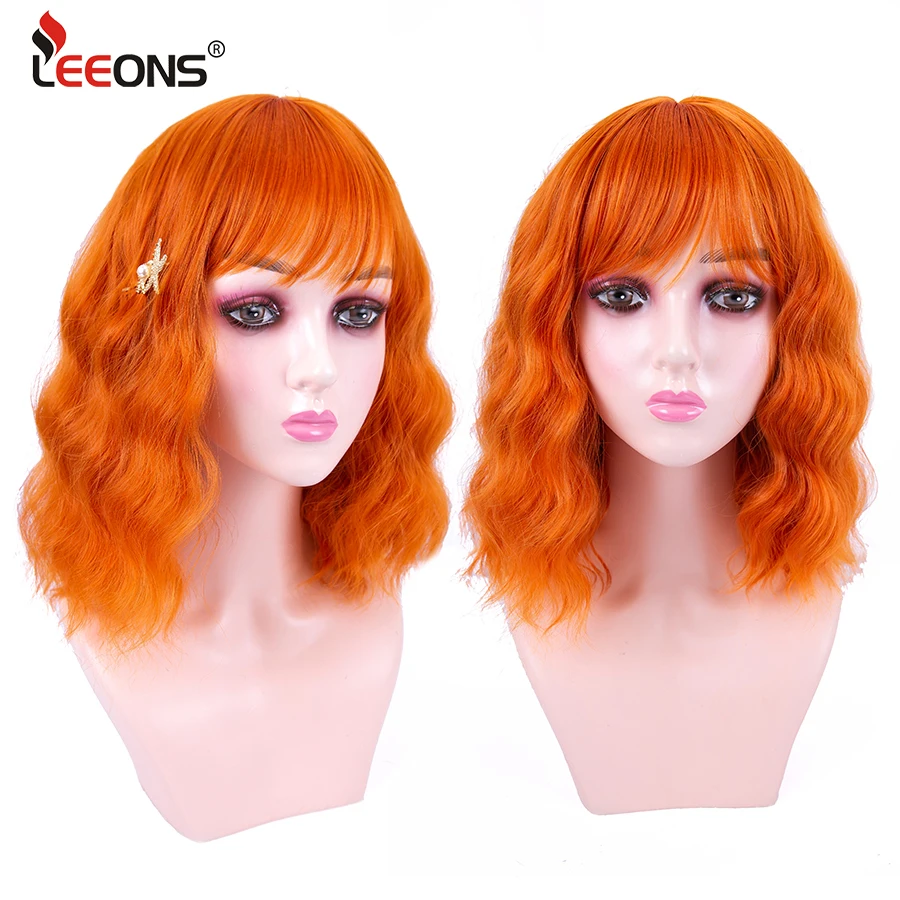 

Leeons Short Wavy Bob Wig With Bangs Short Purple Green Pink Orange Brown Cosplay Wig Shoulder Length Water Wave Synthetic Wig