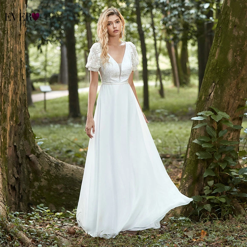 

Elegant A Line Wedding Dress 2020 Ever Pretty Simple V Neck Lantern Sleeve Lace Pearls Bride Dresses Vestido De Novia EP00460WH