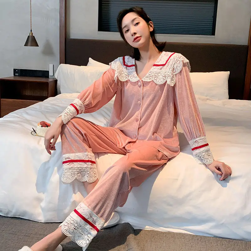 2021 New Velvet Pajamas Women's Spring And Autumn Long Sleeve Korean Princess Wind Can Wear Home Clothes Autumn And Winter Suits