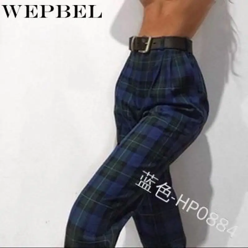

WEPBEL Vintage Plaid Pants Womens High Waist Elastic Korean Harajuku Long Trousers Straight Leisure Loose jogger Harem Pants