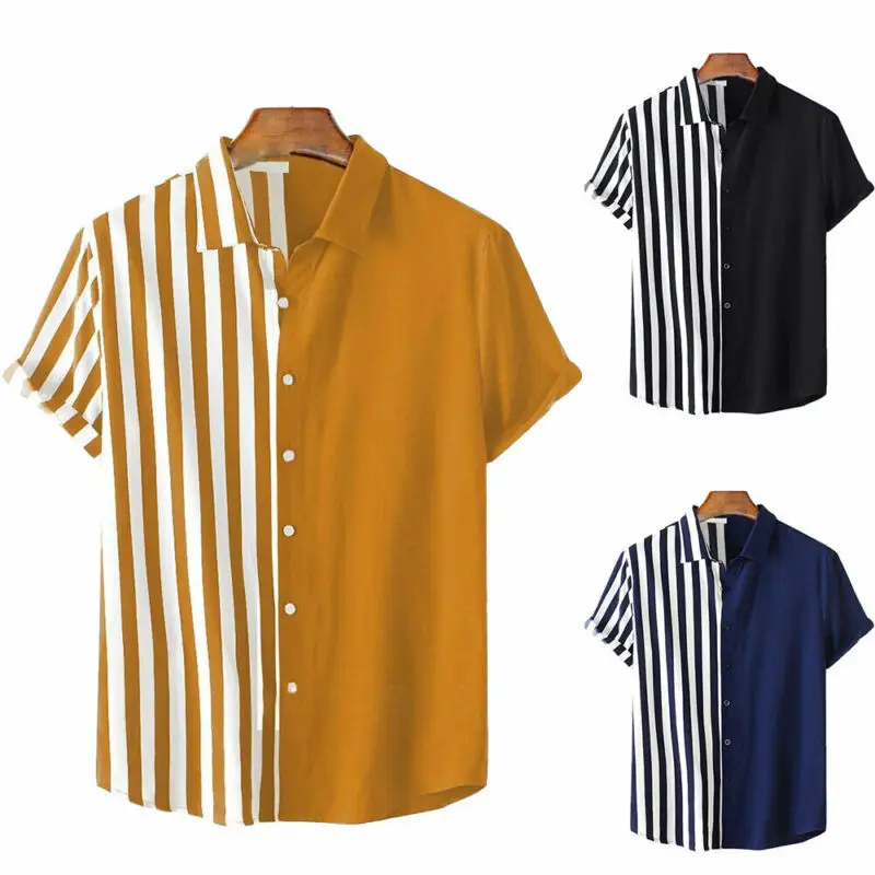 

Men Fashion s Short Sleeve Striped Printed Button Shirts Business Casual Tops Summer New Style Casual Loose Clothes