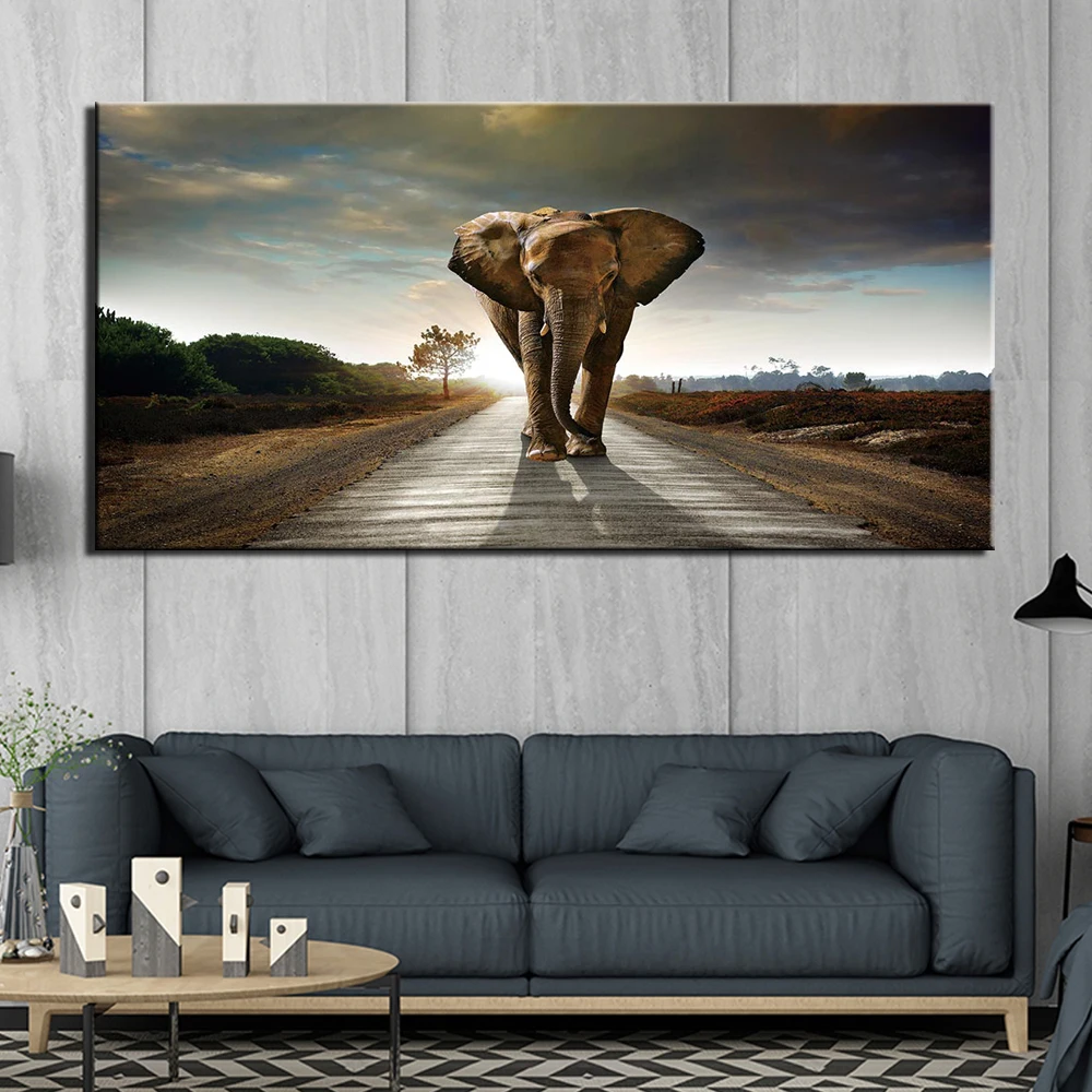 

1 Panel Canvas Wall Art Pictures Living Room African Animal Elephant On Road Paintings HD Prints Posters Framework Artworks