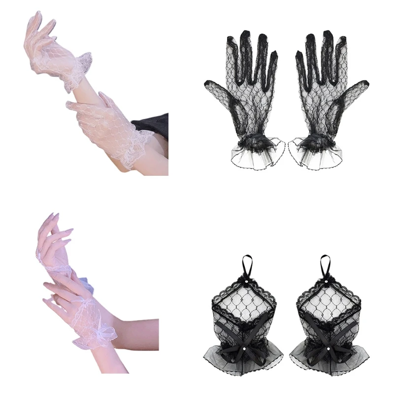 

Elegant Ladies Short Lace Gloves Black White Prom Party Gloves Lolita Mittens L5YB