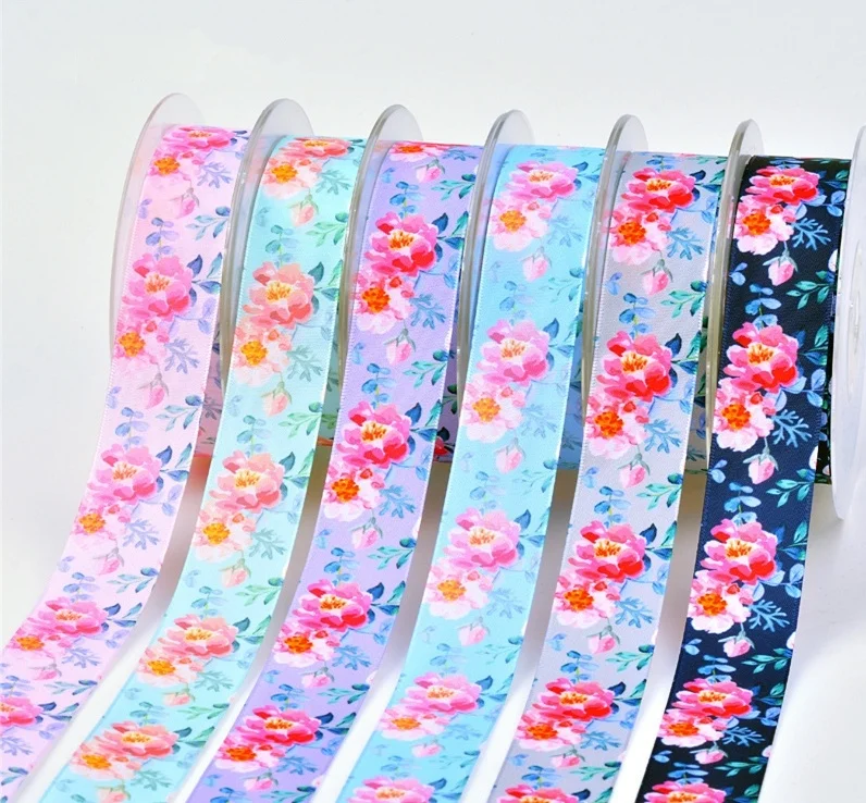 

New 25mm 5 Yards Flower Garment Printing Polyester Ribbon Hair Bow Sewing