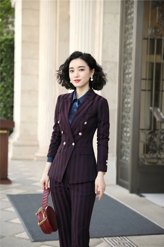 High Quality Fabric Novelty Wine Striped Women Business Suits with Pants and Blazer Coat Autumn Winter Professional Pantsuits