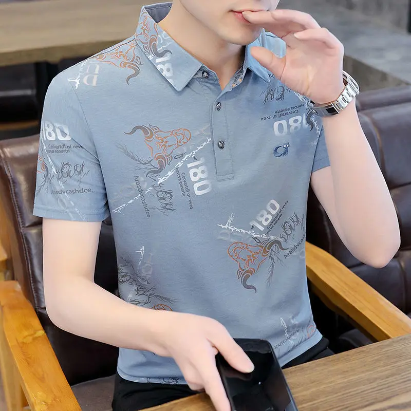 

Summer Trendy Ice Silk Lapel Menswear T-shirt Polo Shirt 2021 New LED Short Sleeve Men T-shirt Clothes