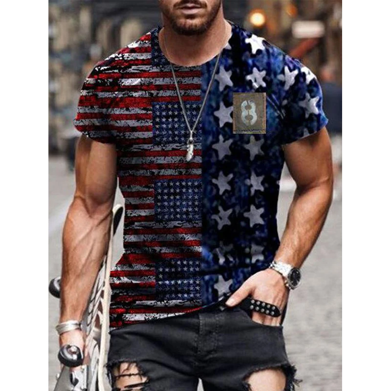 

Summer Men's T-shirt American Flag Print Round Neck Cool Muscle Streetwear Tshirt Men Plus Size Independence Day Clothing