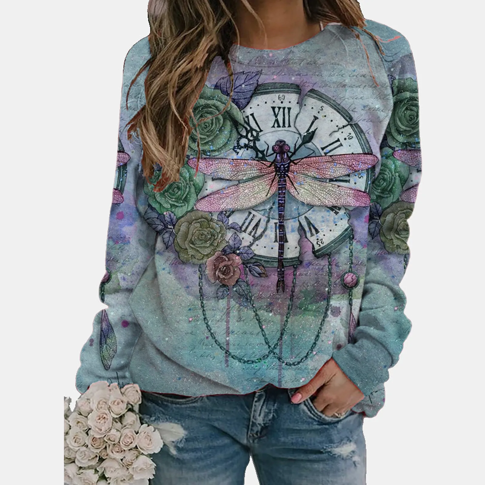 

Fashion Women Tops O-neck Scenery Butterfly Printing Long Sleeves T-Shirt Casual Plus Size Pullover Tops Women Clothing Blusas