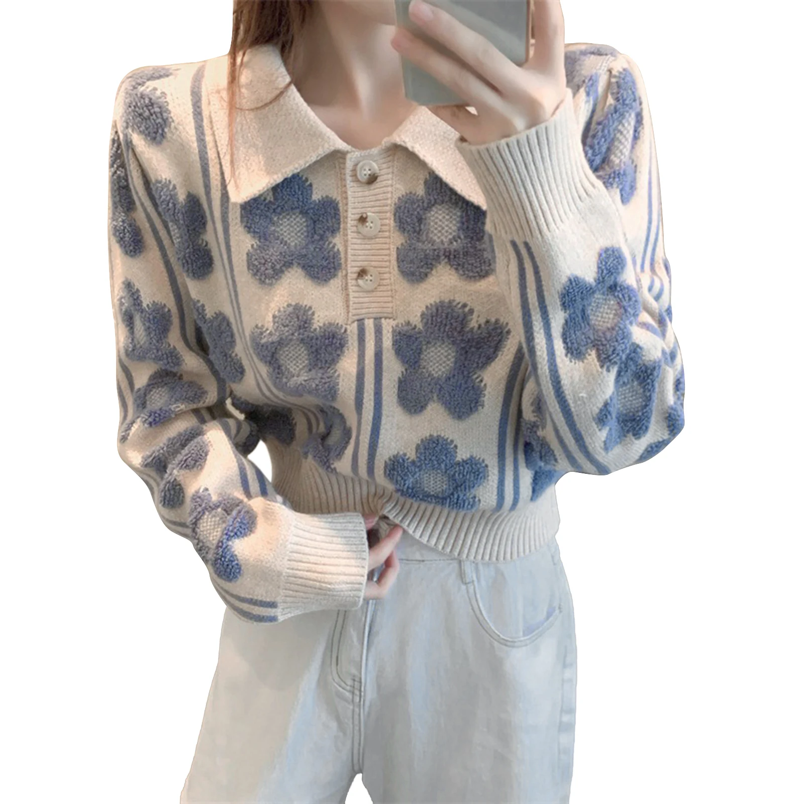 

Breathable Girls Long Sleeve Knitwear, Autumn Winter Ladies Floral Pattern Lapel Loose Knitted Tops Casual Sweater