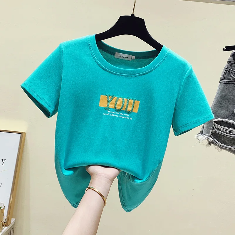 

Vintage Letter Fashion Tops Women Casual Short Sleeve Cotton Pullover Tees Summer Slim Streetwear T-shirt Woman 2021
