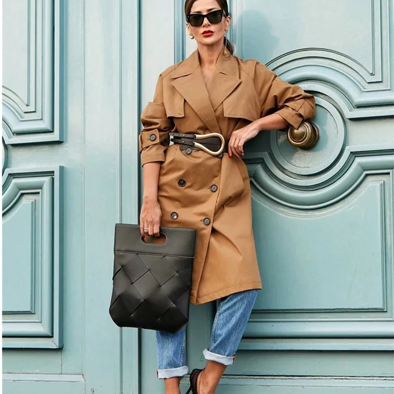 Женское двубортное пальто длинное верблюжьего цвета в Корейском стиле тренчкот