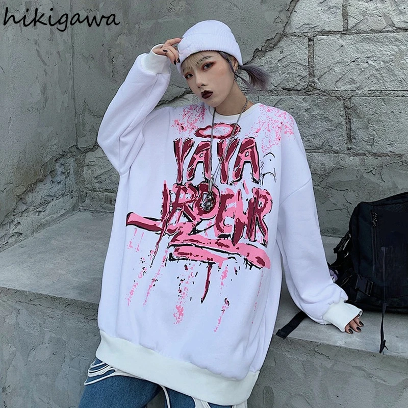 

Hikigawa Sweatshirt Women Y2k Clothes 2021 Korean Fashion Men Tops Harajuku Letter Print Pullovers Oversized Hip Hop Sweatshirts